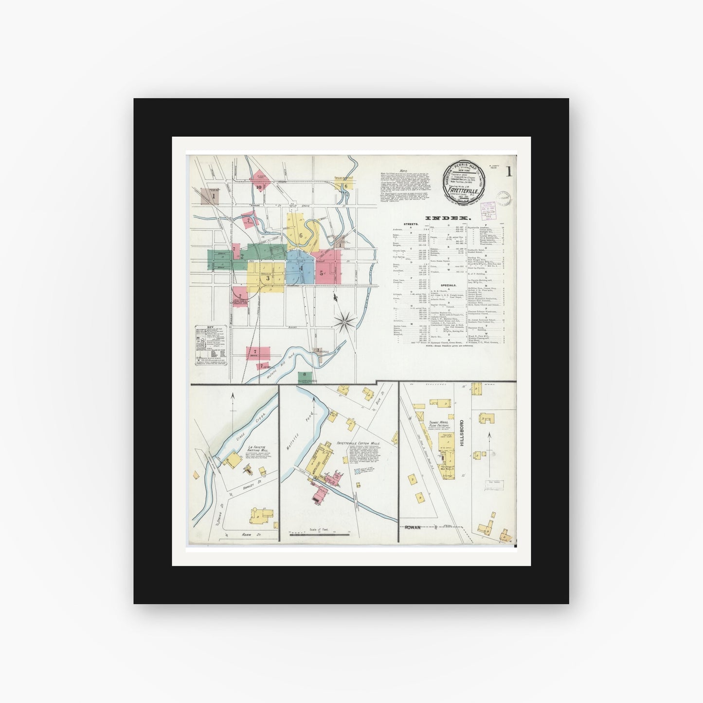 Old map wall art mockup — black gallery frame with white mat — Sanborn Fire Insurance Map from Fayetteville, Cumberland County, North Carolina (1901) - Complete Map Set