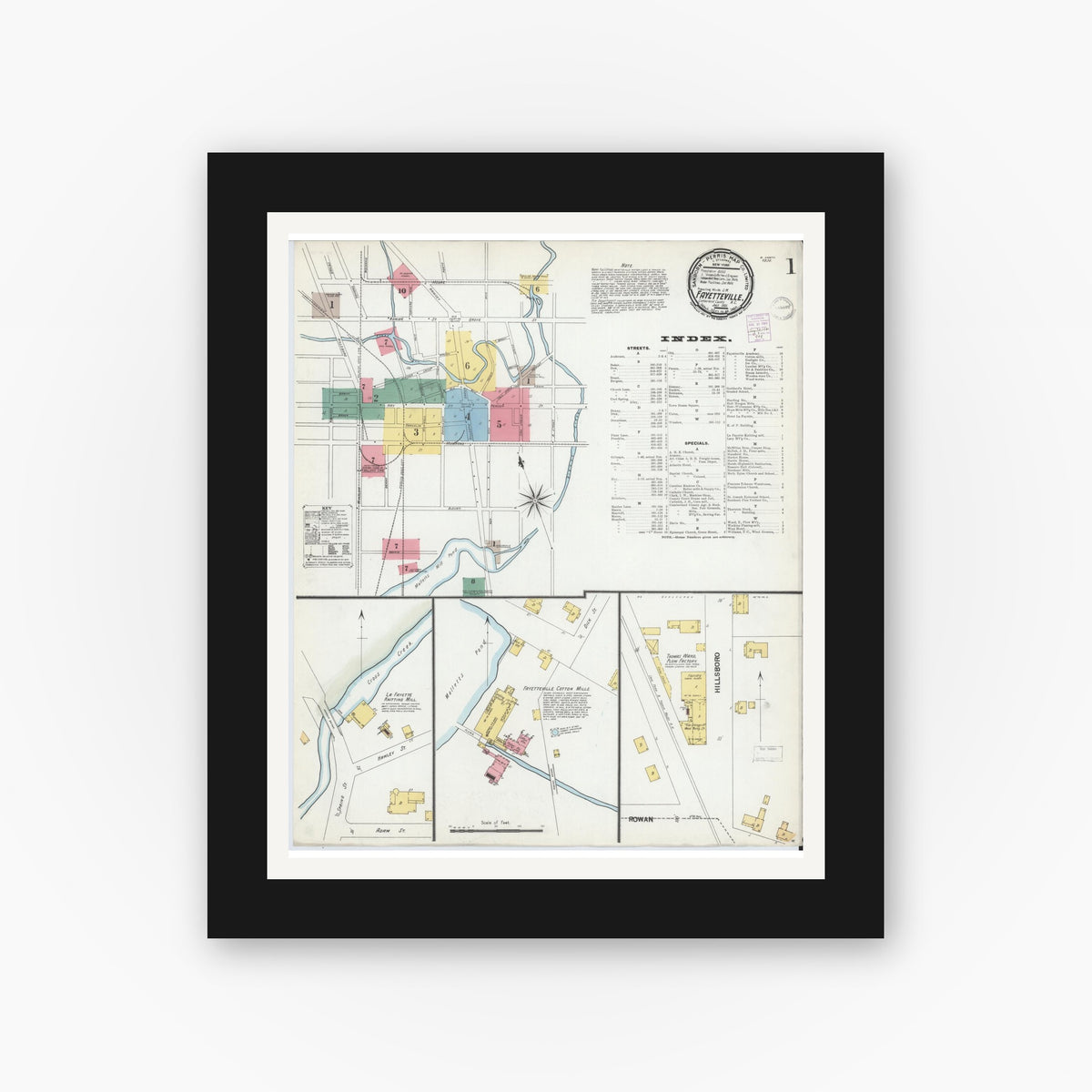 Old map wall art mockup — black gallery frame with white mat — Sanborn Fire Insurance Map from Fayetteville, Cumberland County, North Carolina (1901) - Complete Map Set