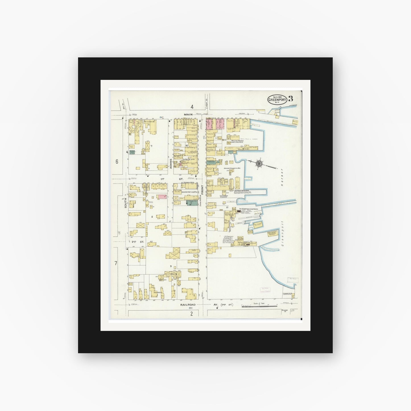 Old map wall art mockup — black gallery frame with white mat — Sanborn Fire Insurance Map from Greenport, Suffolk County, New York (1909), Sheet #0003