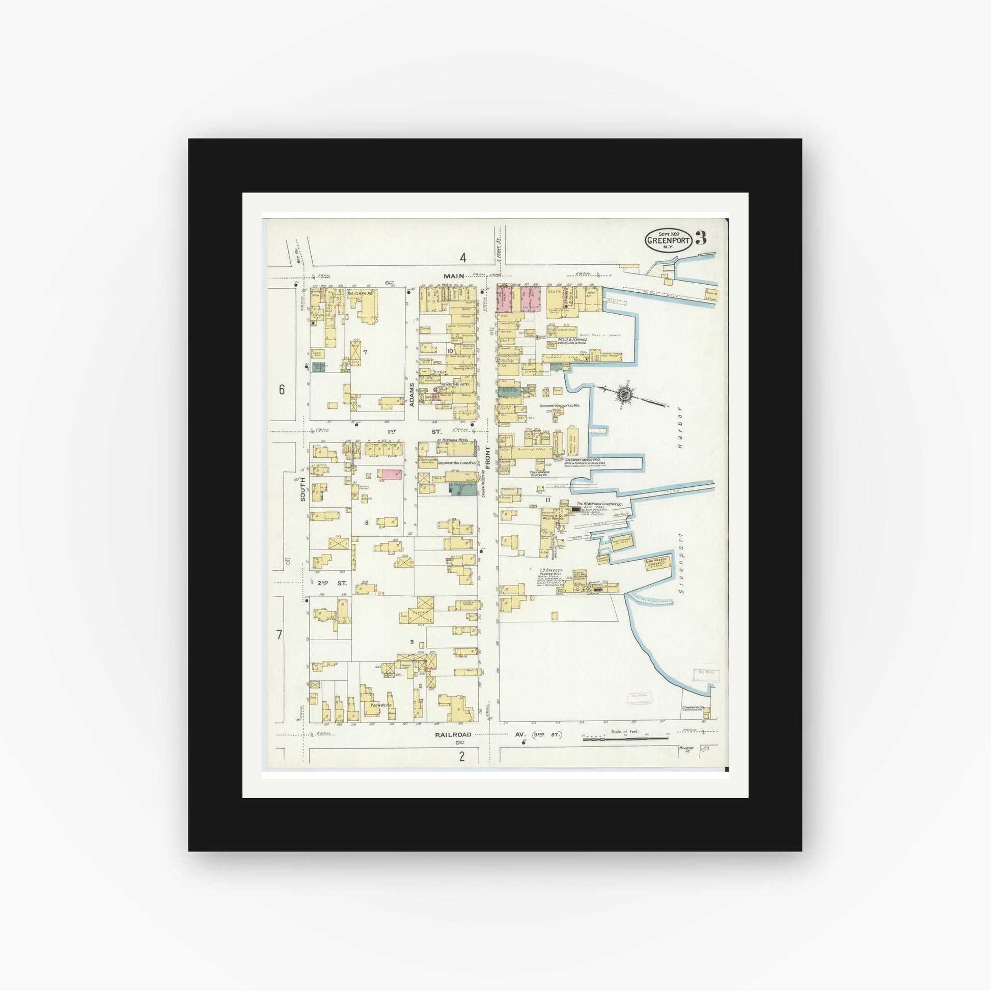 Old map wall art mockup — black gallery frame with white mat — Sanborn Fire Insurance Map from Greenport, Suffolk County, New York (1909), Sheet #0003