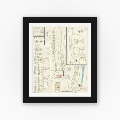 Old map wall art mockup — black gallery frame with white mat — Sanborn Fire Insurance Map from Mount Pleasant, Westmoreland County, Pennsylvania (1914), Sheet #0013