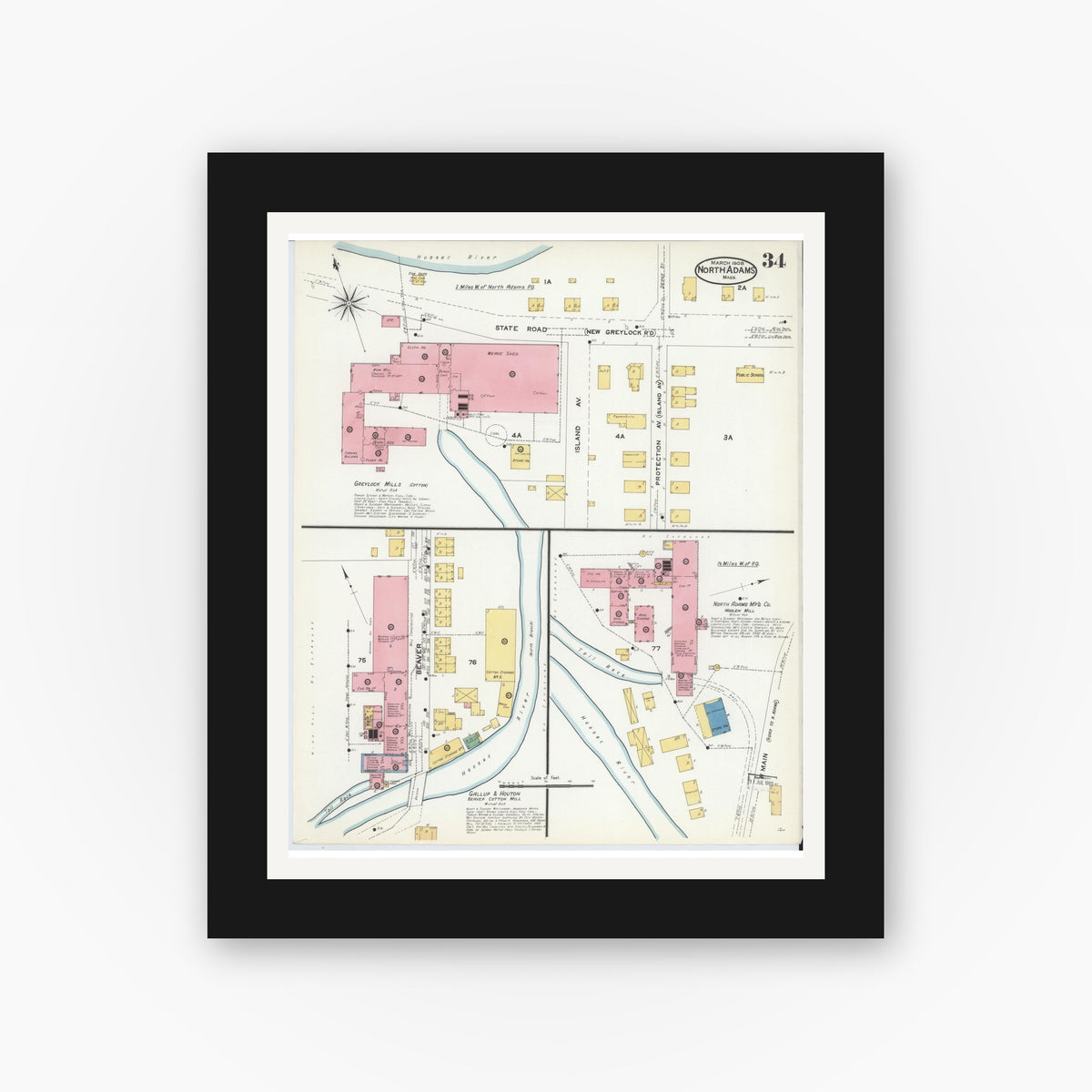 Old map wall art mockup — black gallery frame with white mat — Sanborn Fire Insurance Map from North Adams, Berkshire County, Massachusetts (1908), Sheet #0034