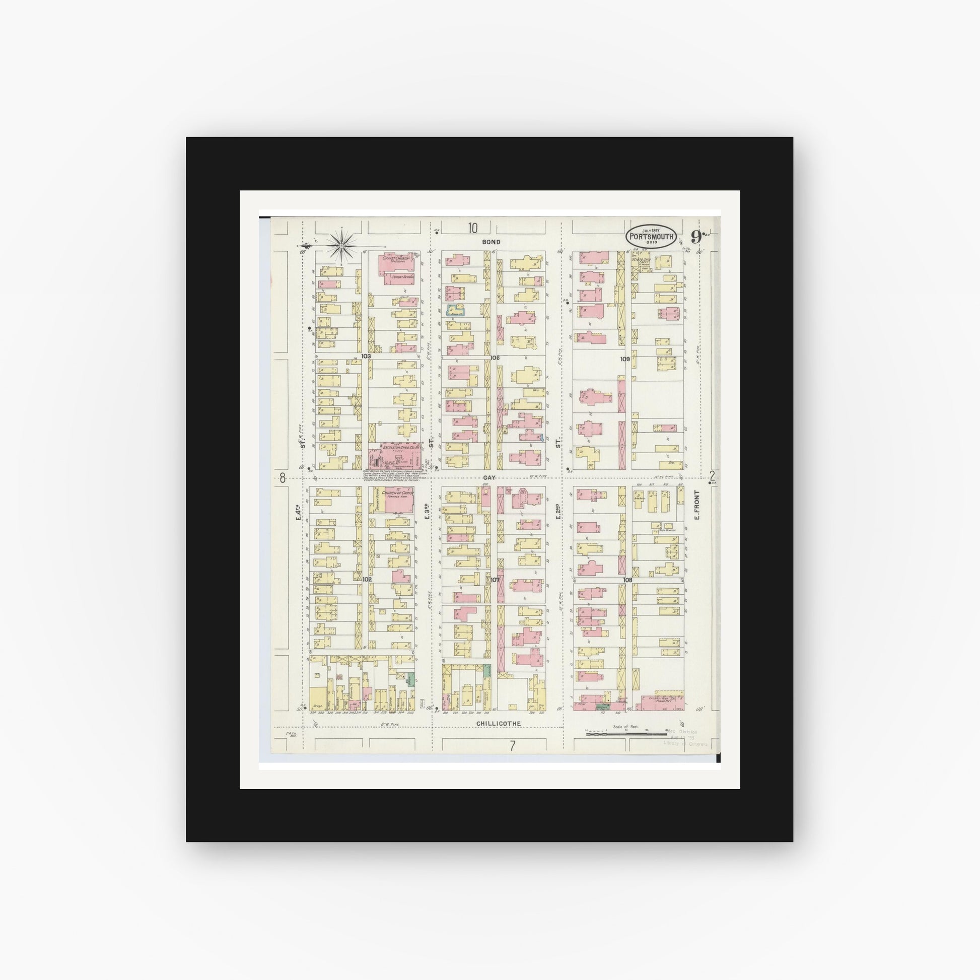 Old map wall art mockup — black gallery frame with white mat — Sanborn Fire Insurance Map from Portsmouth, Scioto County, Ohio (1897), Sheet #0009