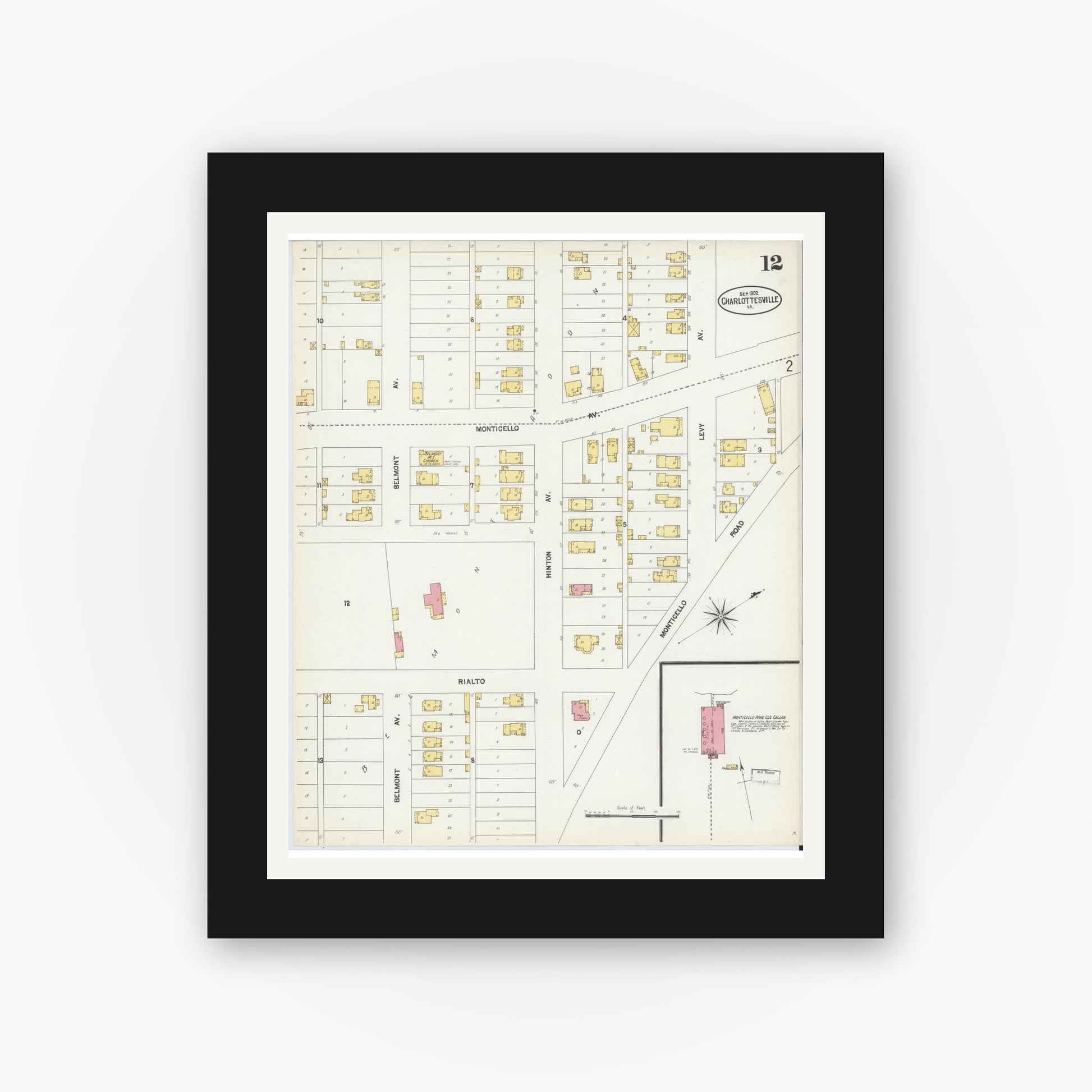 Old map wall art mockup — black gallery frame with white mat — Sanborn Fire Insurance Map from Charlottesville, Independent Cities, Virginia (1902), Sheet #0012
