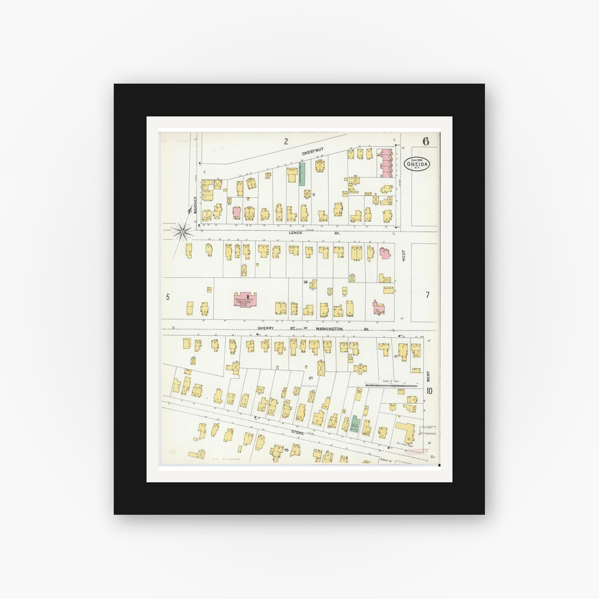 Old map wall art mockup — black gallery frame with white mat — Sanborn Fire Insurance Map from Oneida, Madison County, New York (1904), Sheet #0005