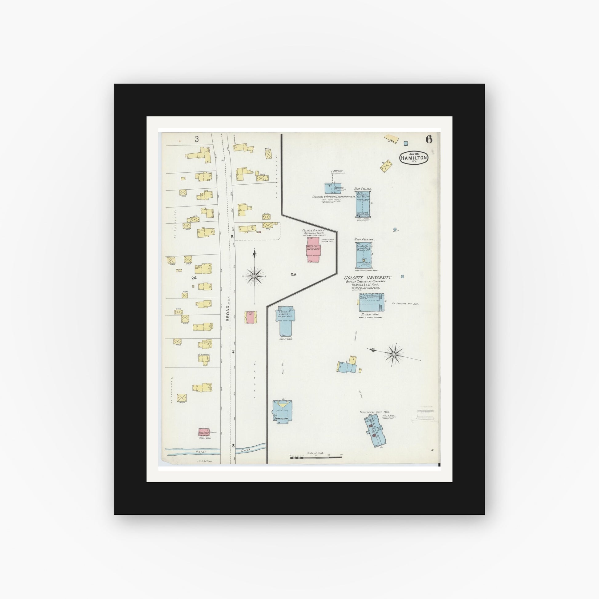 Old map wall art mockup — black gallery frame with white mat — Sanborn Fire Insurance Map from Hamilton, Madison County, New York (1896), Sheet #0006