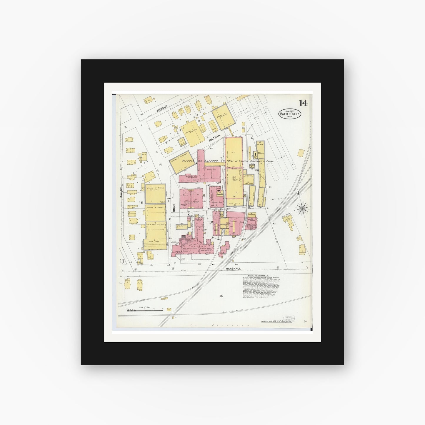 Old map wall art mockup — black gallery frame with white mat — Sanborn Fire Insurance Map from Battle Creek, Calhoun County, Michigan (1902), Sheet #0014