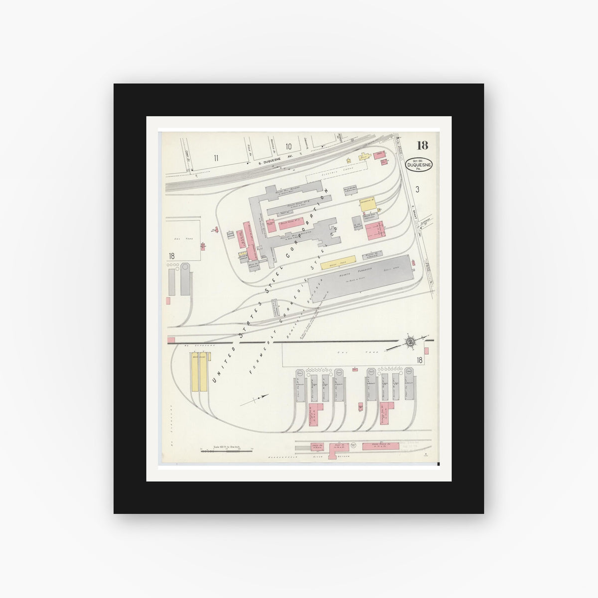 Old map wall art mockup — black gallery frame with white mat — Sanborn Fire Insurance Map from Duquesne, Allegheny County, Pennsylvania (1911), Sheet #0018