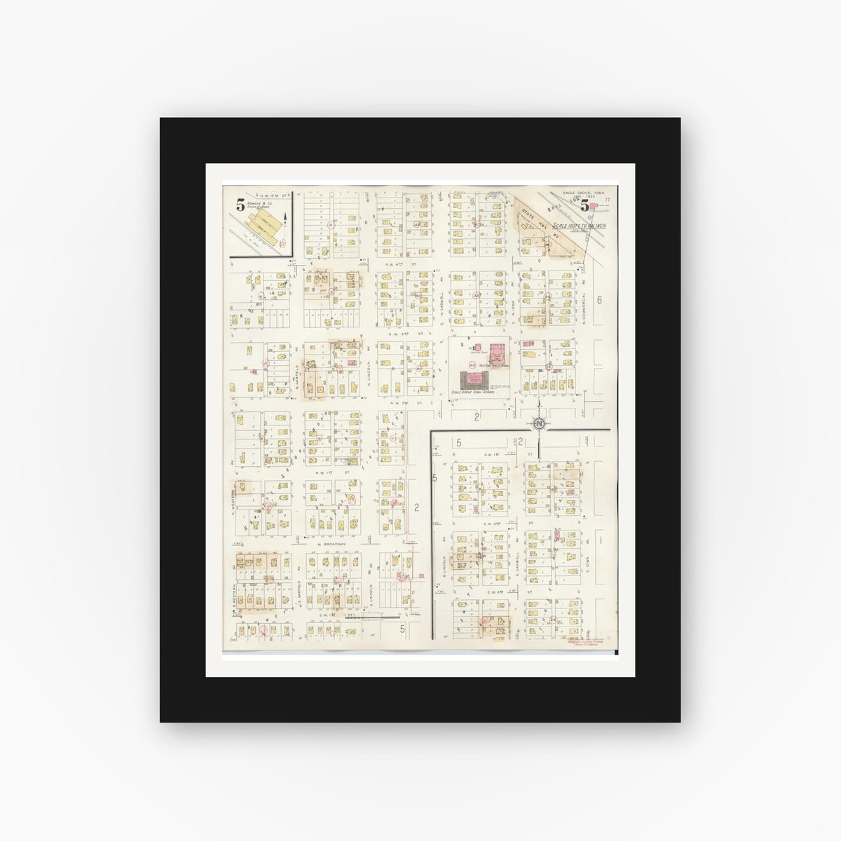 Old map wall art mockup — black gallery frame with white mat — Sanborn Fire Insurance Map from Eagle Grove, Wright County, Iowa (1941), Sheet #0005