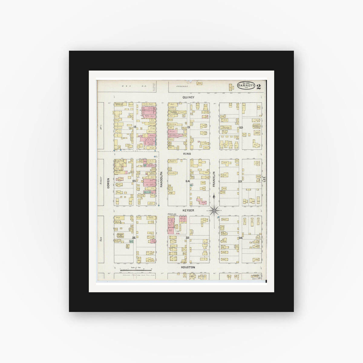 Old map wall art mockup — black gallery frame with white mat — Sanborn Fire Insurance Map from Garrett, De Kalb County, Indiana (1890), Sheet #0002