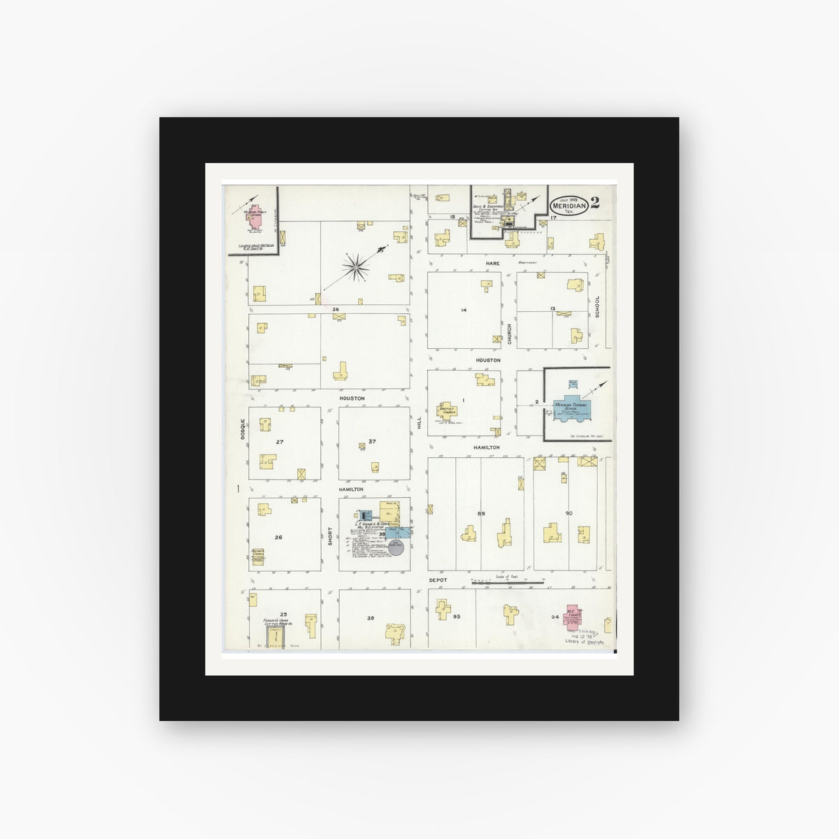 Old map wall art mockup — black gallery frame with white mat — Sanborn Fire Insurance Map from Meridian, Bosque County, Texas (1909), Sheet #0002