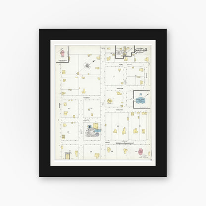 Old map wall art mockup — black gallery frame with white mat — Sanborn Fire Insurance Map from Meridian, Bosque County, Texas (1909), Sheet #0002
