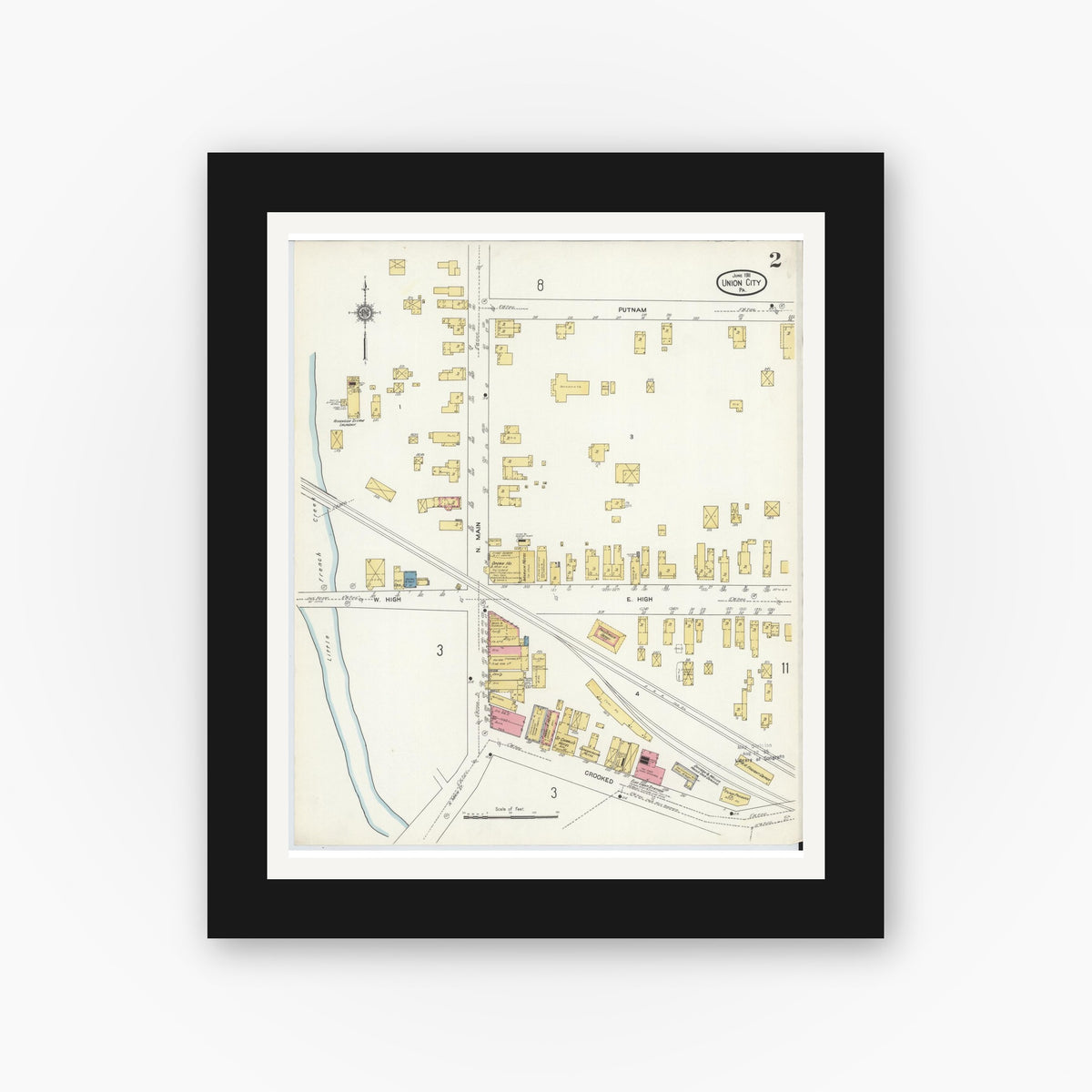 Old map wall art mockup — black gallery frame with white mat — Sanborn Fire Insurance Map from Union City, Erie County, Pennsylvania (1911), Sheet #0002