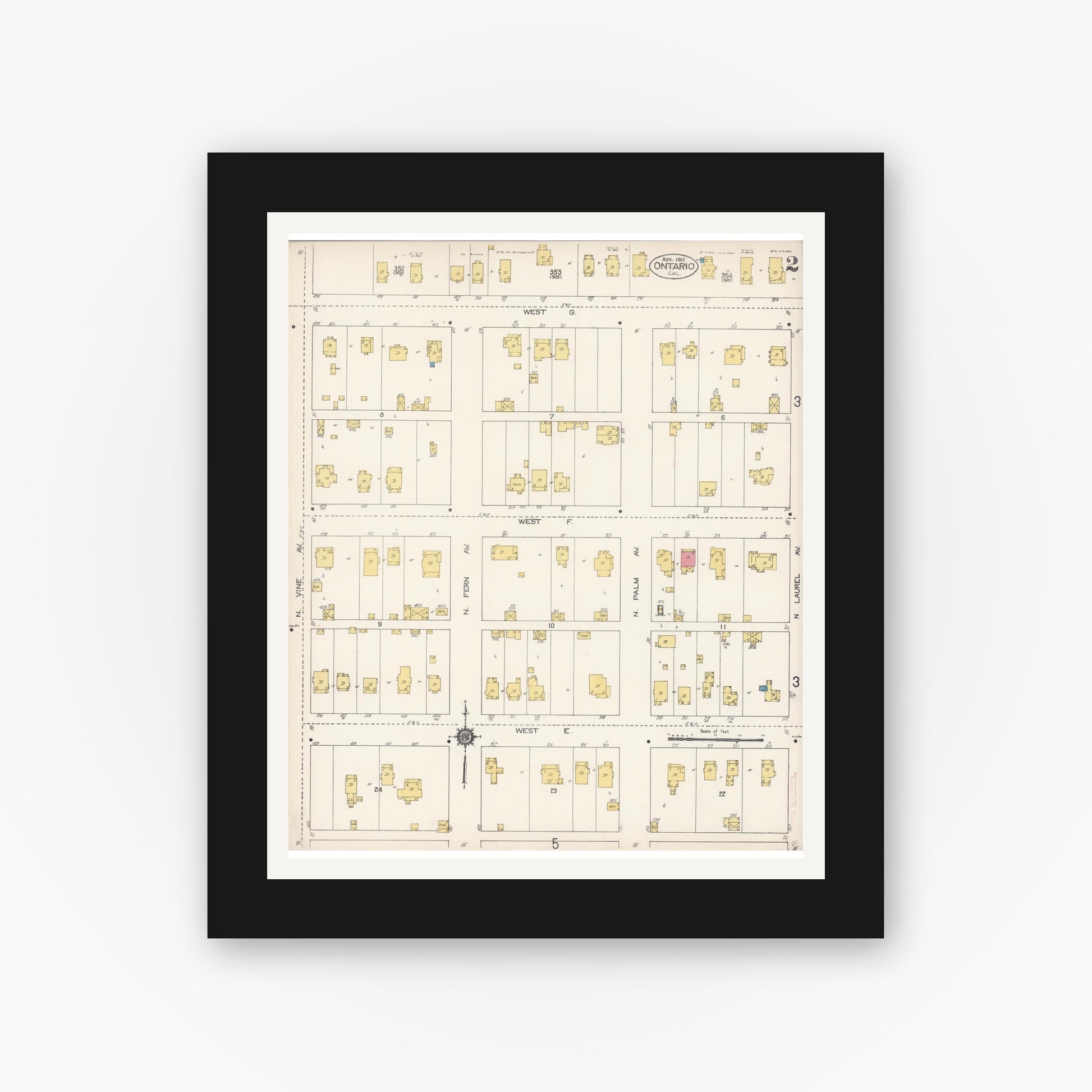 Old map wall art mockup — black gallery frame with white mat — Sanborn Fire Insurance Map from Ontario, San Bernardino County, California (1912), Sheet #0002