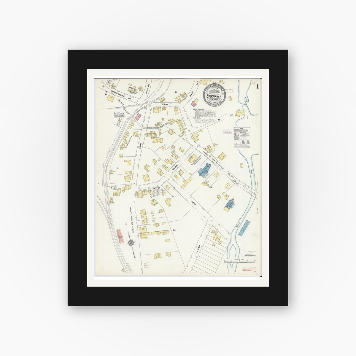 Old map wall art mockup — black gallery frame with white mat — Sanborn Fire Insurance Map from Sparkill, Rockland County, New York (1910) - Complete Map Set