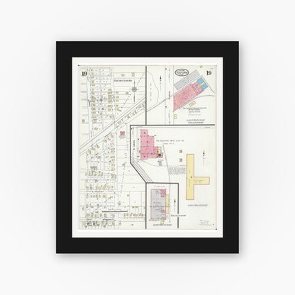 Old map wall art mockup — black gallery frame with white mat — Sanborn Fire Insurance Map from Fostoria, Seneca, Hancock, And Wood Counties, Ohio (1924), Sheet #0019