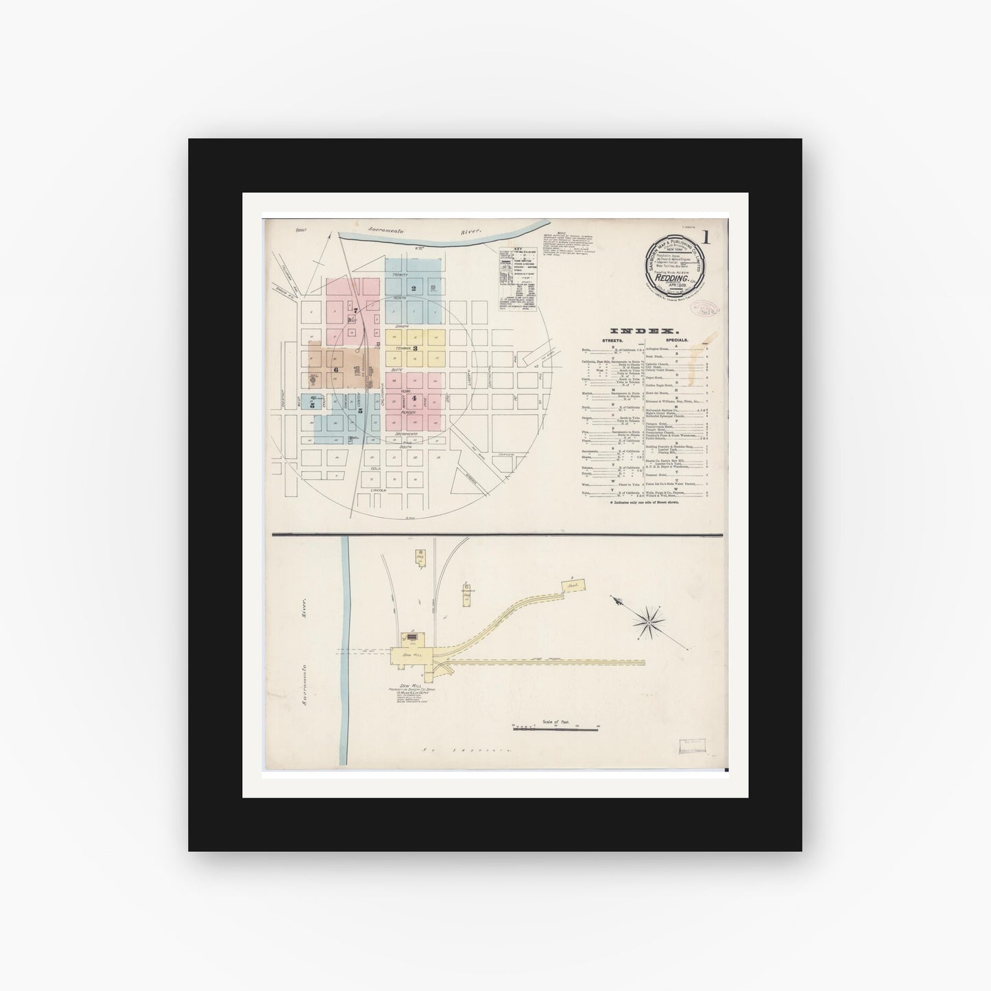 Old map wall art mockup — black gallery frame with white mat — Sanborn Fire Insurance Map from Redding, Shasta County, California (1889) - Complete Map Set
