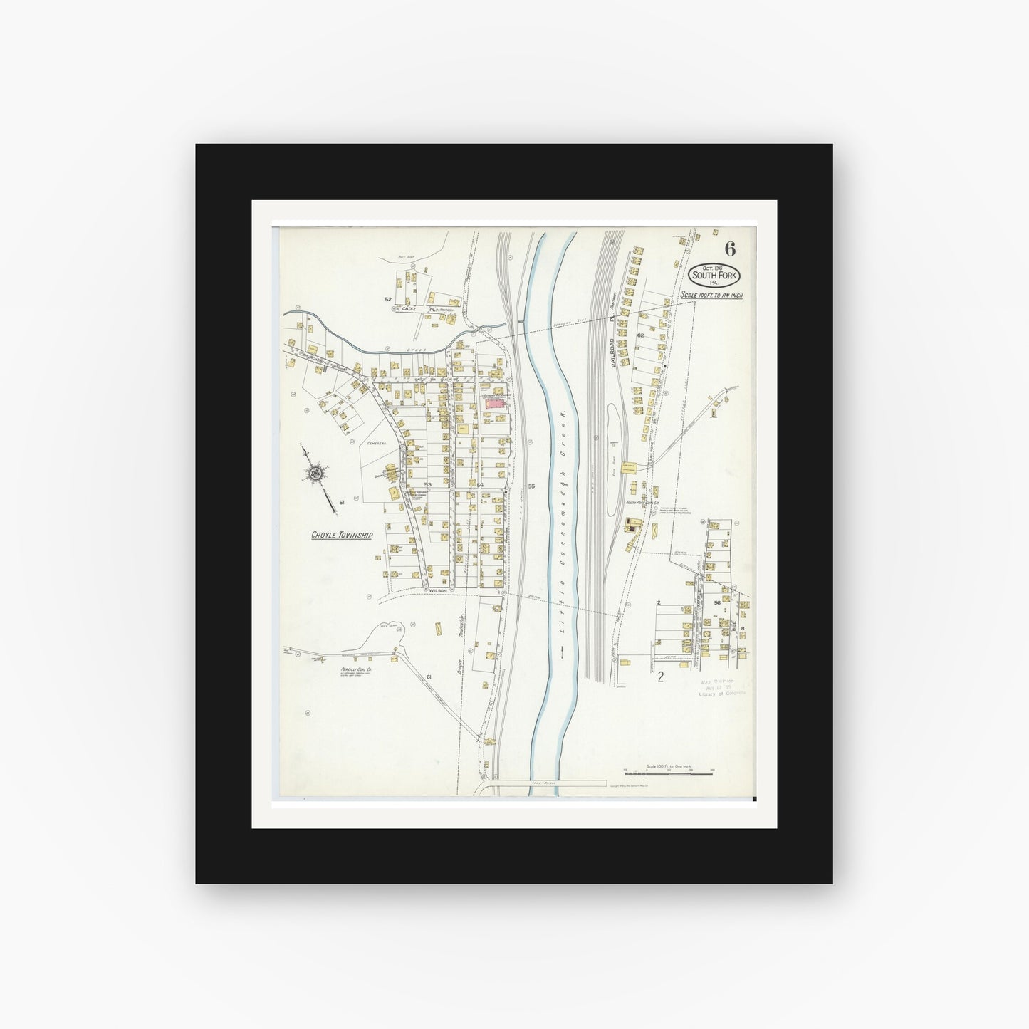 Old map wall art mockup — black gallery frame with white mat — Sanborn Fire Insurance Map from South Fork, Cambria County, Pennsylvania (1916), Sheet #0006