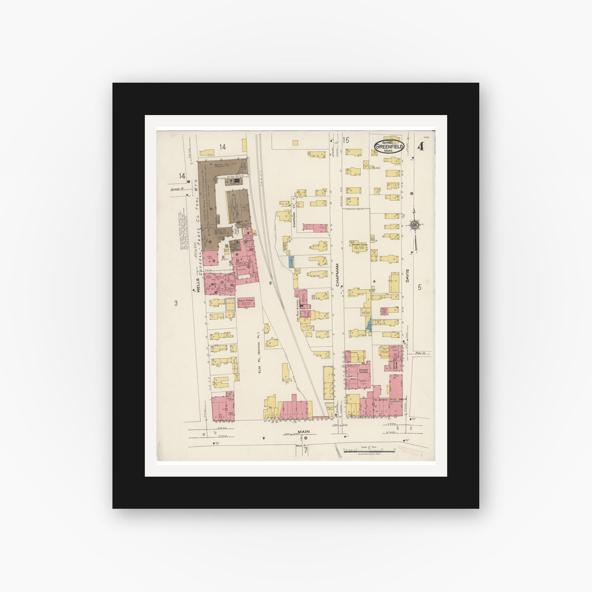 Old map wall art mockup — black gallery frame with white mat — Sanborn Fire Insurance Map from Greenfield, Franklin County, Massachusetts (1922), Sheet #0004
