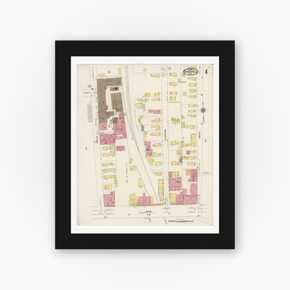 Old map wall art mockup — black gallery frame with white mat — Sanborn Fire Insurance Map from Greenfield, Franklin County, Massachusetts (1922), Sheet #0004