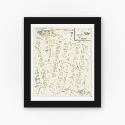 Old map wall art mockup — black gallery frame with white mat — Sanborn Fire Insurance Map from Medina, Orleans County, New York (1915), Sheet #0009