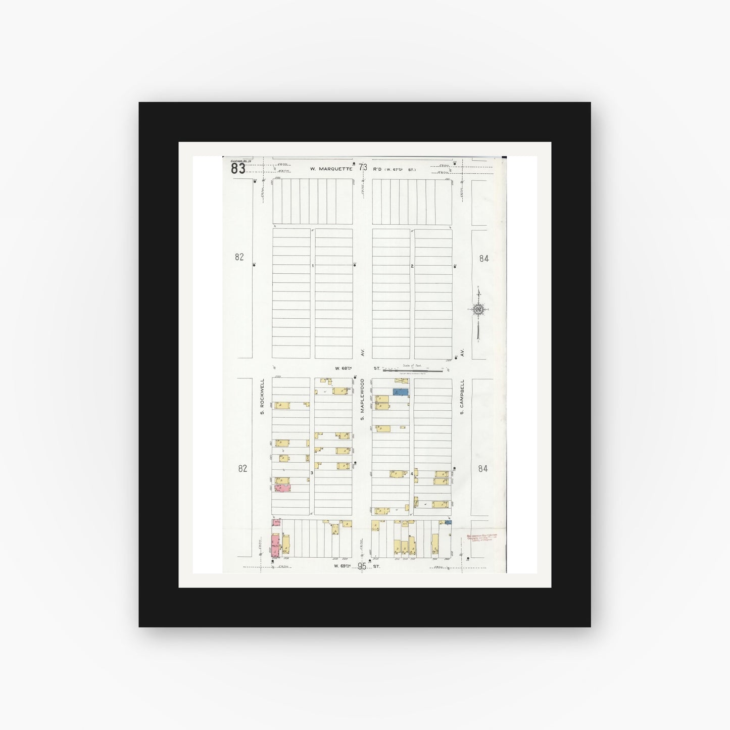 Old map wall art mockup — black gallery frame with white mat — Sanborn Fire Insurance Map from Chicago, Cook County, Illinois (1920), Sheet #0083
