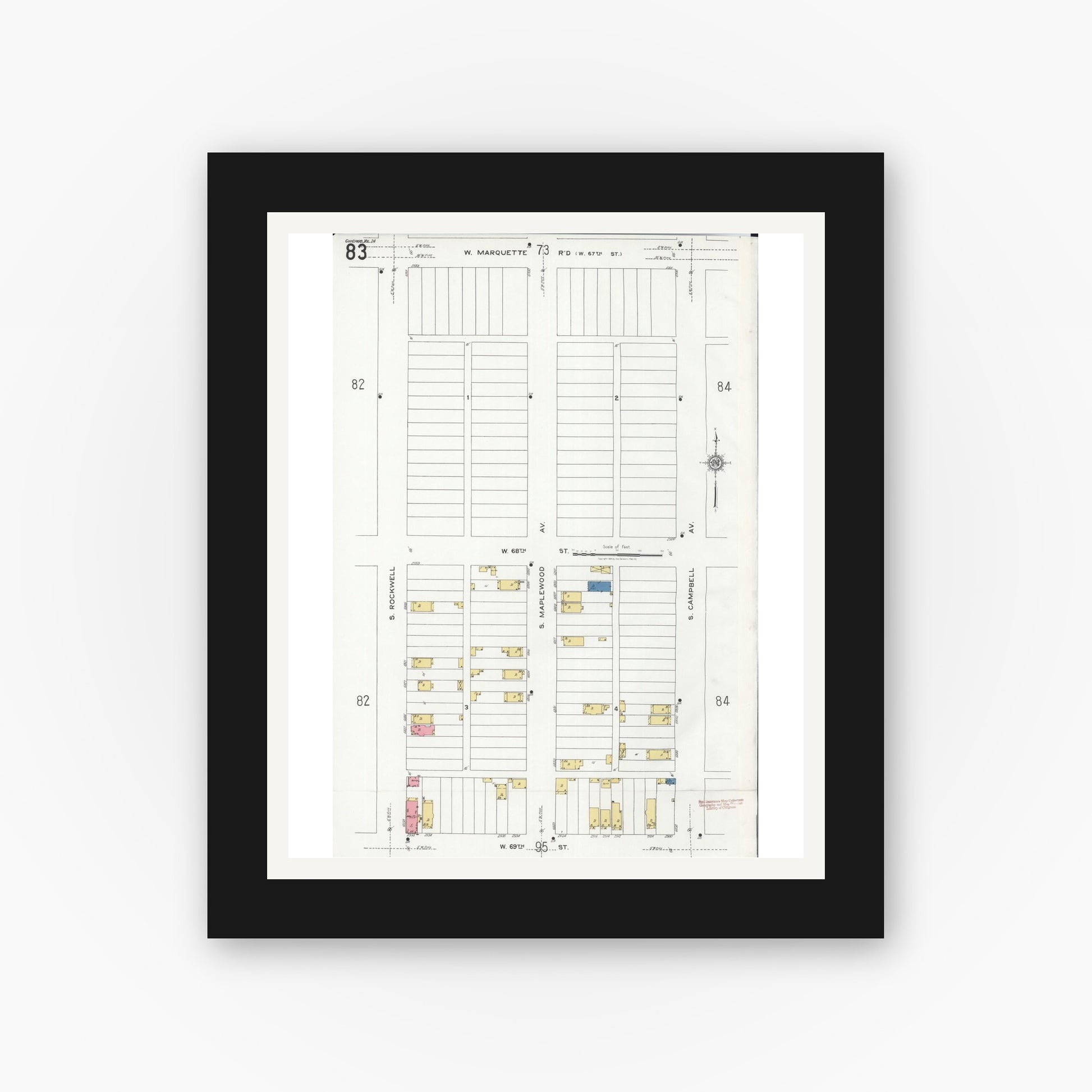 Old map wall art mockup — black gallery frame with white mat — Sanborn Fire Insurance Map from Chicago, Cook County, Illinois (1920), Sheet #0083