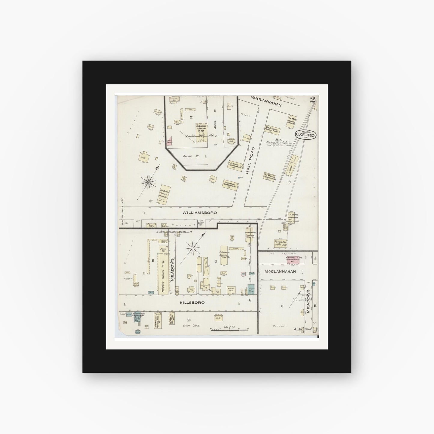 Old map wall art mockup — black gallery frame with white mat — Sanborn Fire Insurance Map from Oxford, Granville County, North Carolina (1885), Sheet #0002