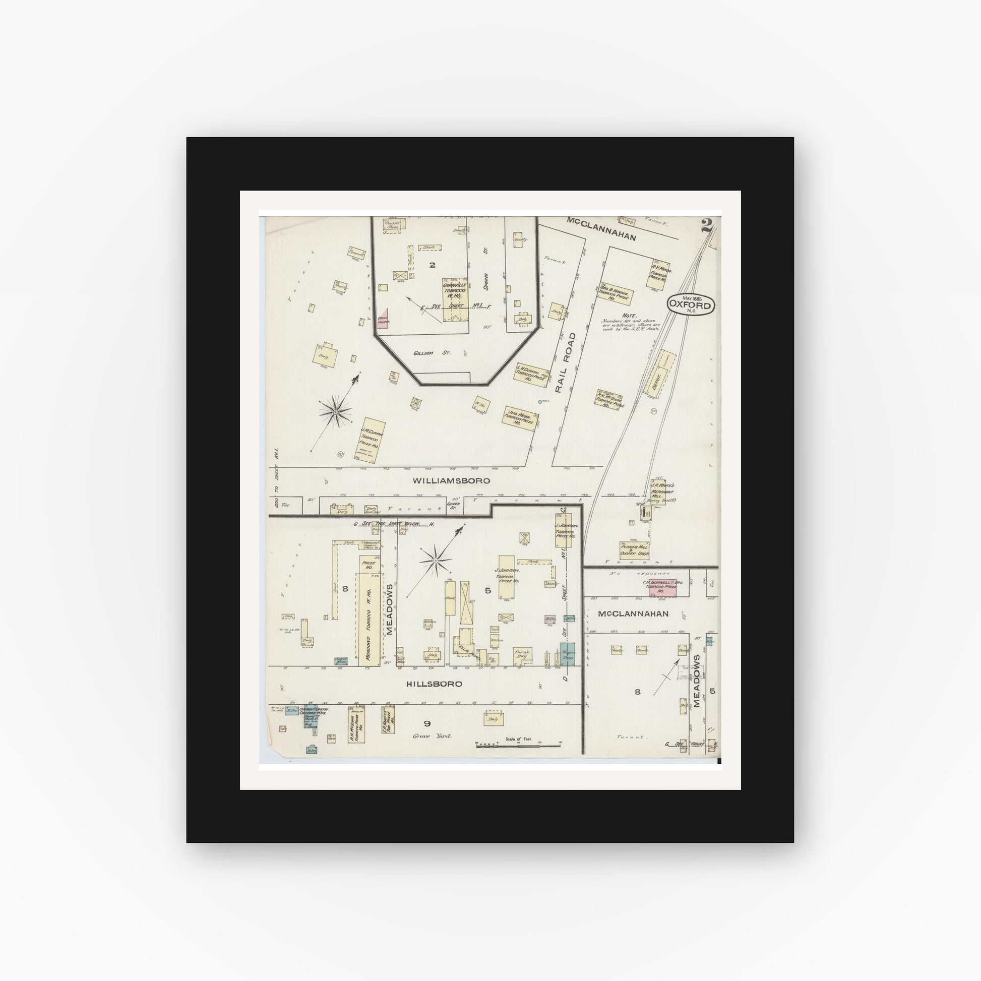 Old map wall art mockup — black gallery frame with white mat — Sanborn Fire Insurance Map from Oxford, Granville County, North Carolina (1885), Sheet #0002