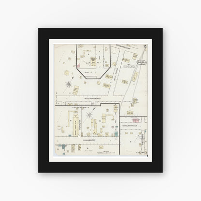 Old map wall art mockup — black gallery frame with white mat — Sanborn Fire Insurance Map from Oxford, Granville County, North Carolina (1885), Sheet #0002