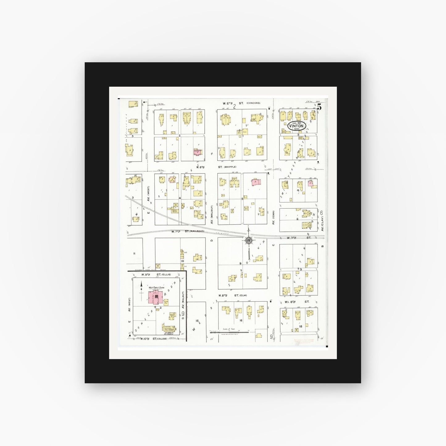 Old map wall art mockup — black gallery frame with white mat — Sanborn Fire Insurance Map from Vinton, Benton County, Iowa (1921), Sheet #0005