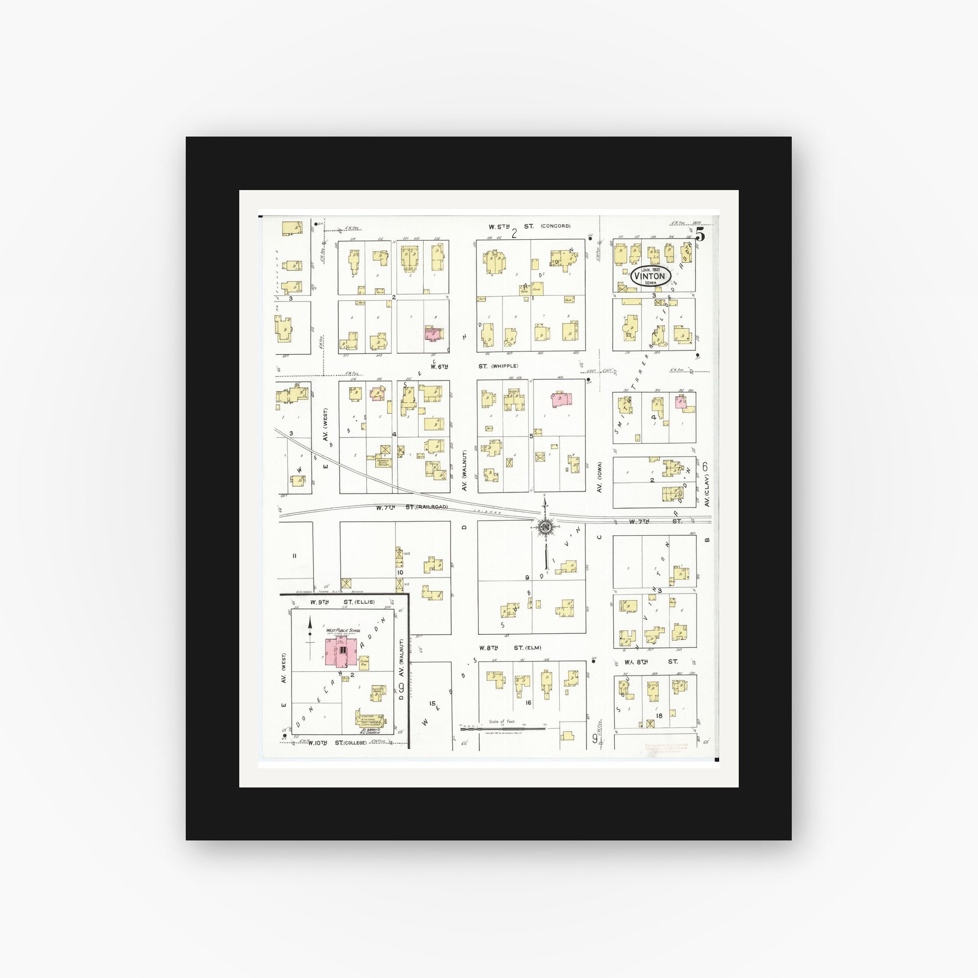 Old map wall art mockup — black gallery frame with white mat — Sanborn Fire Insurance Map from Vinton, Benton County, Iowa (1921), Sheet #0005