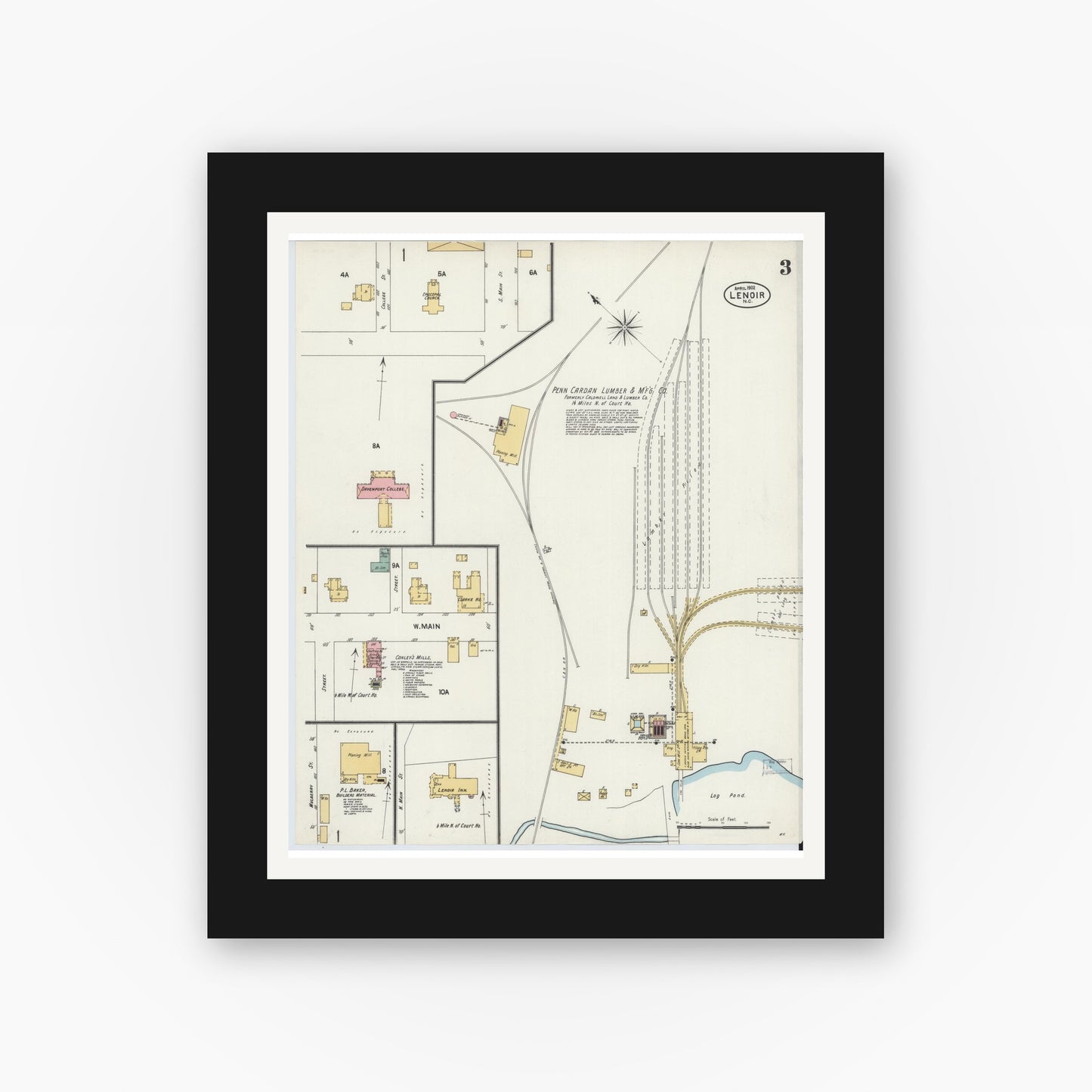 Old map wall art mockup — black gallery frame with white mat — Sanborn Fire Insurance Map from Lenoir, Caldwell County, North Carolina (1902), Sheet #0003