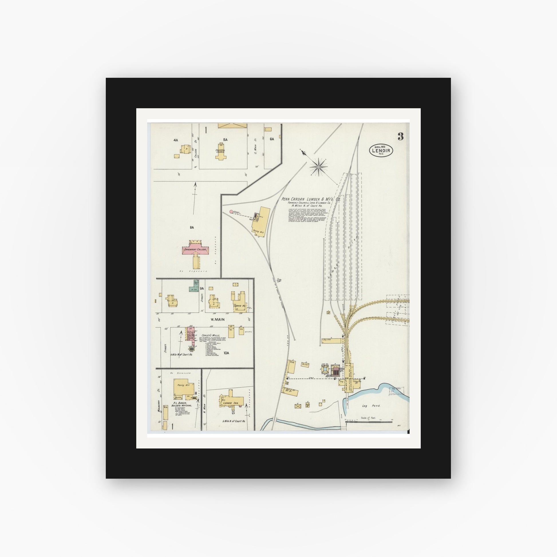 Old map wall art mockup — black gallery frame with white mat — Sanborn Fire Insurance Map from Lenoir, Caldwell County, North Carolina (1902), Sheet #0003