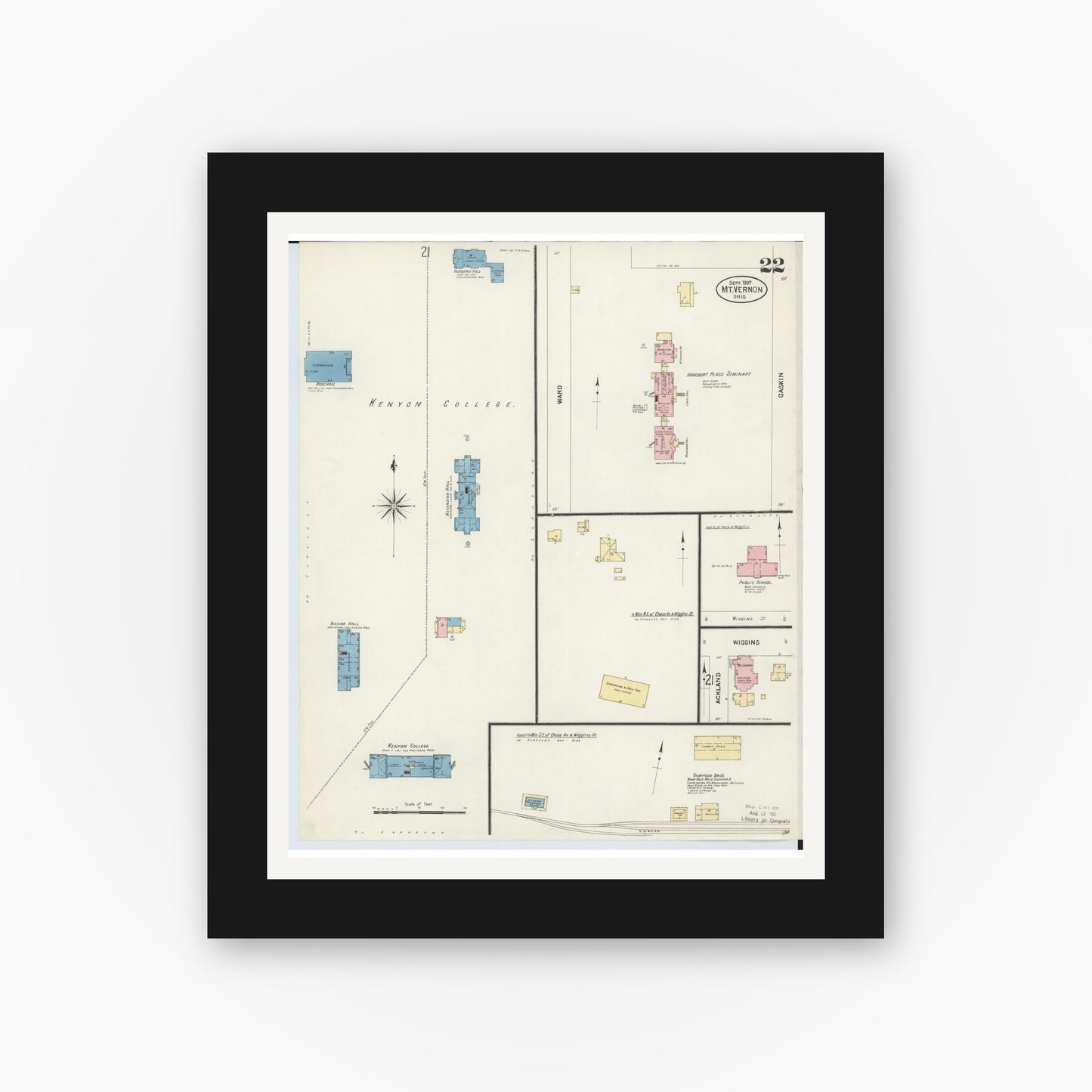 Old map wall art mockup — black gallery frame with white mat — Sanborn Fire Insurance Map from Mount Vernon, Knox County, Ohio (1907), Sheet #0022