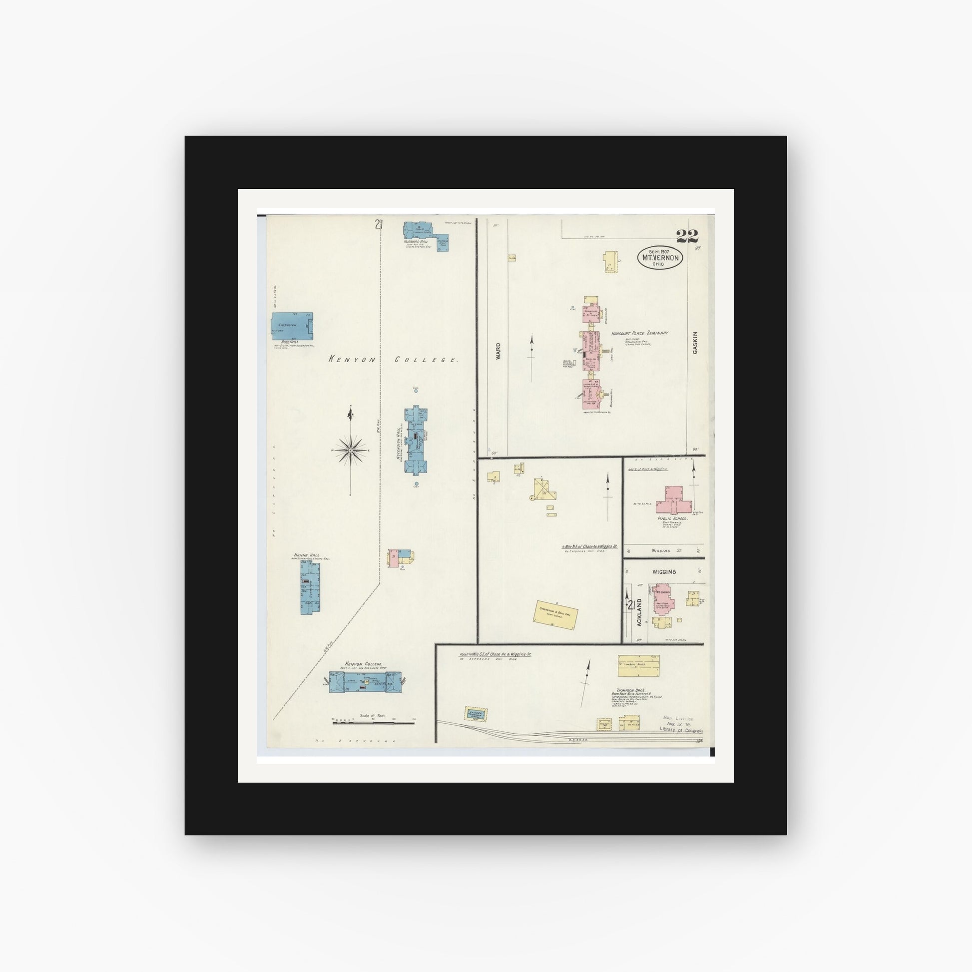 Old map wall art mockup — black gallery frame with white mat — Sanborn Fire Insurance Map from Mount Vernon, Knox County, Ohio (1907), Sheet #0022