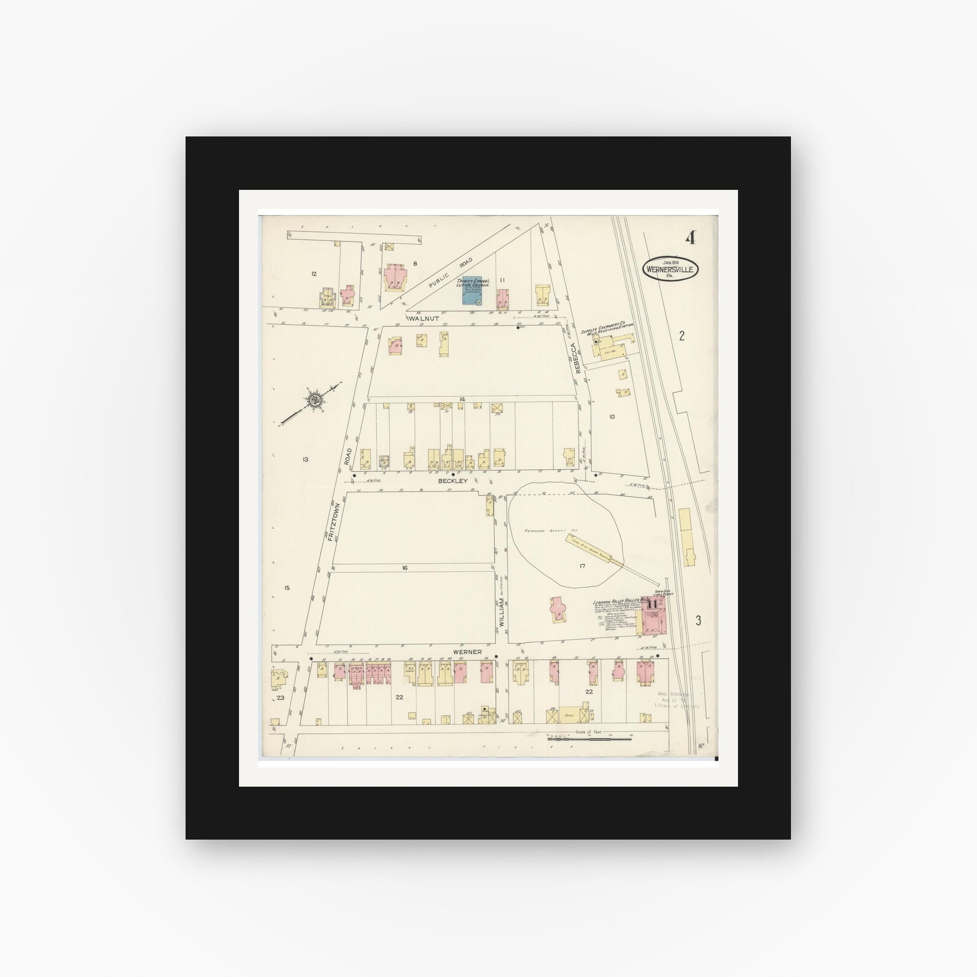 Old map wall art mockup — black gallery frame with white mat — Sanborn Fire Insurance Map from Wernersville, Berks County, Pennsylvania (1914), Sheet #0004