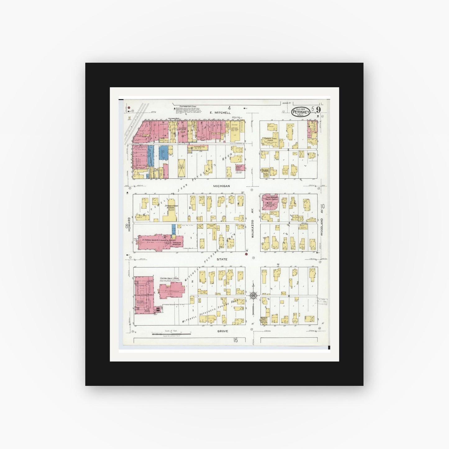 Old map wall art mockup — black gallery frame with white mat — Sanborn Fire Insurance Map from Petoskey, Emmet County, Michigan (1919), Sheet #0009