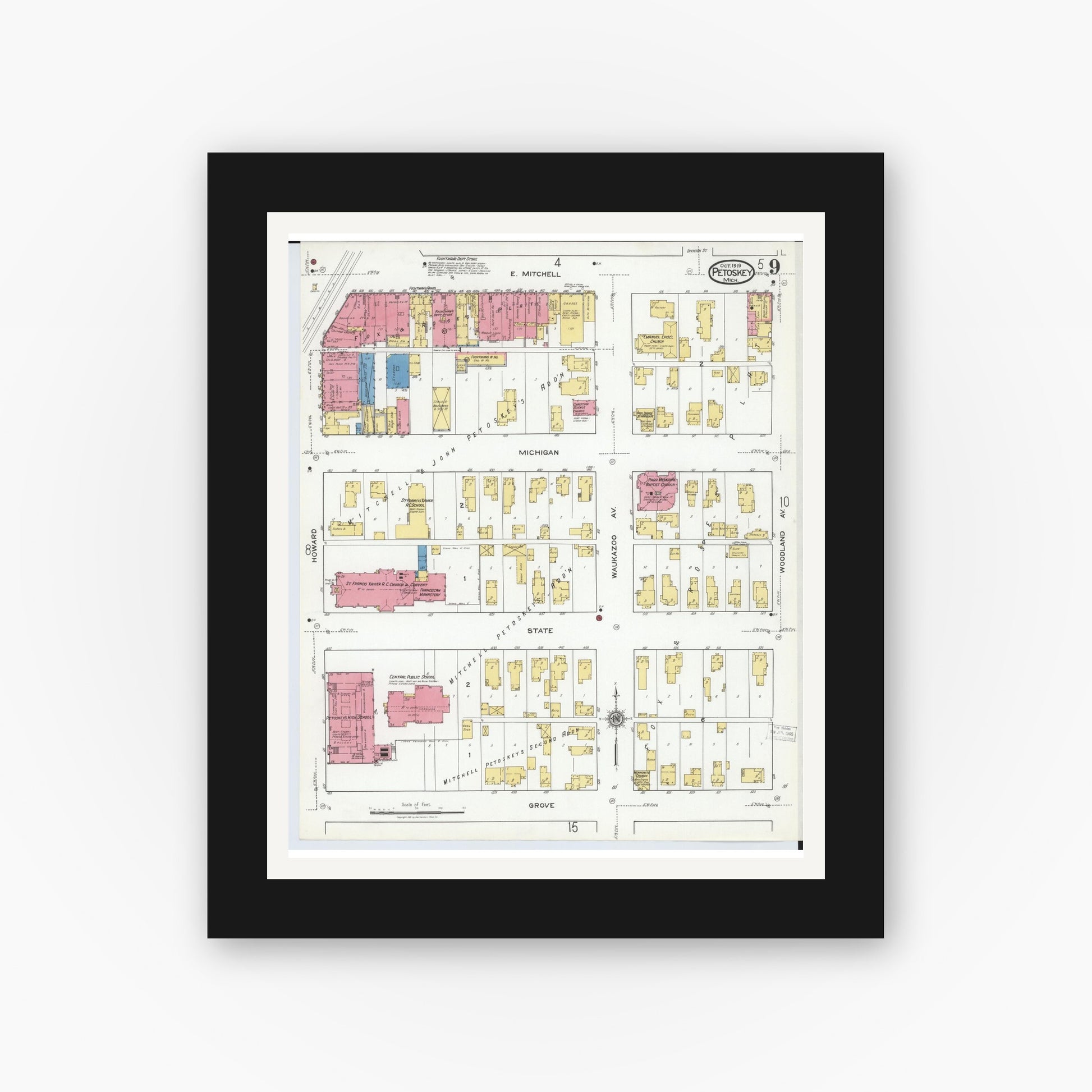 Old map wall art mockup — black gallery frame with white mat — Sanborn Fire Insurance Map from Petoskey, Emmet County, Michigan (1919), Sheet #0009