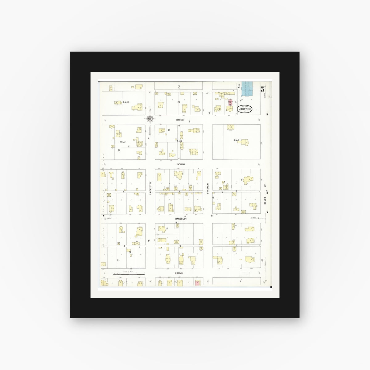 Old map wall art mockup — black gallery frame with white mat — Sanborn Fire Insurance Map from Marengo, Iowa County, Iowa (1911), Sheet #0005