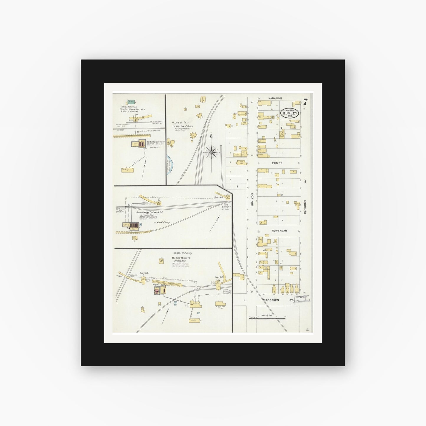 Old map wall art mockup — black gallery frame with white mat — Sanborn Fire Insurance Map from Hurley, Iron County, Wisconsin (1905), Sheet #0007