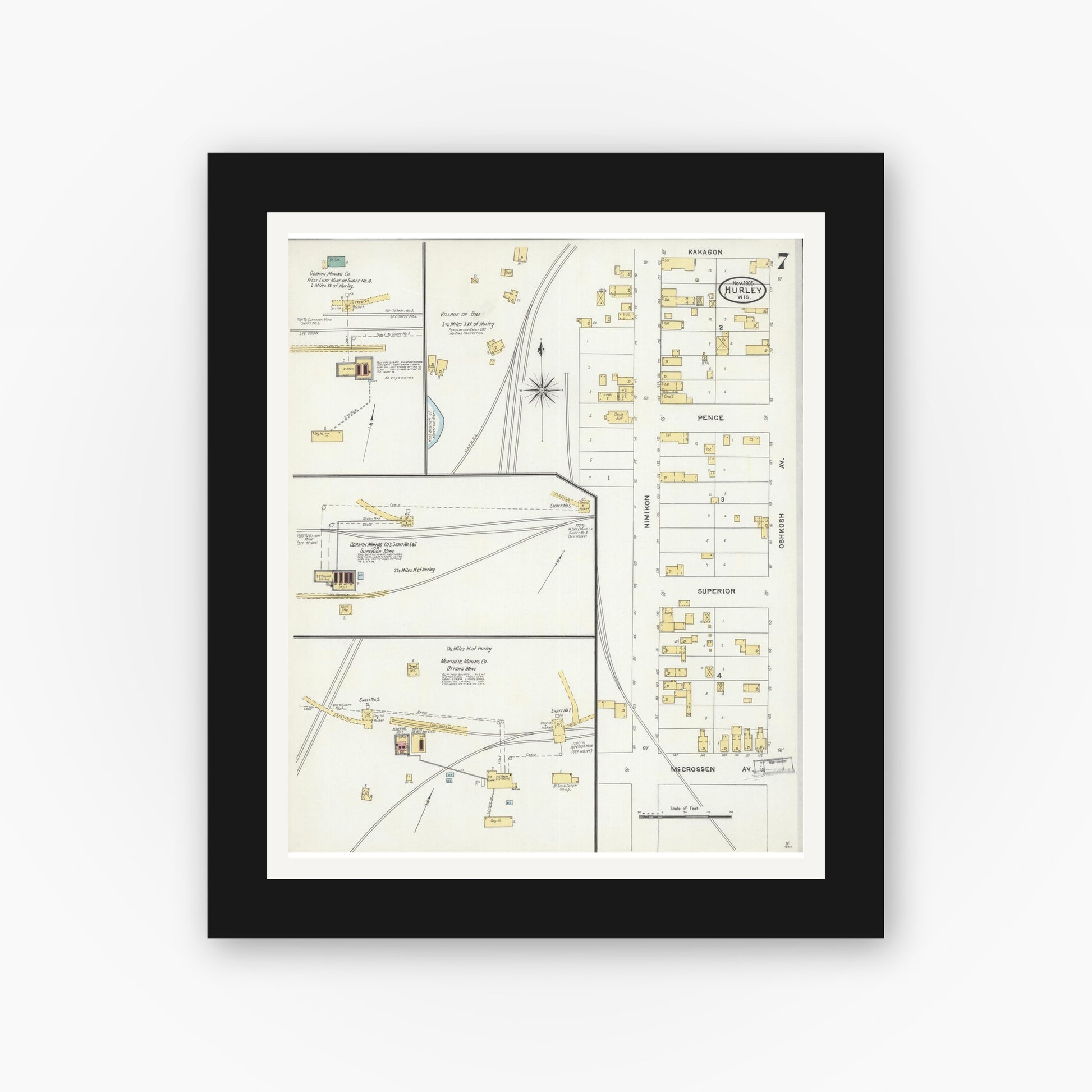 Old map wall art mockup — black gallery frame with white mat — Sanborn Fire Insurance Map from Hurley, Iron County, Wisconsin (1905), Sheet #0007