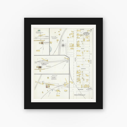 Old map wall art mockup — black gallery frame with white mat — Sanborn Fire Insurance Map from Hurley, Iron County, Wisconsin (1905), Sheet #0007
