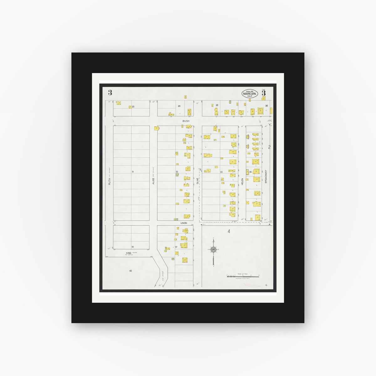 Old map wall art mockup — black gallery frame with white mat — Sanborn Fire Insurance Map from Maricopa, Kern County, California (1926), Sheet #0003