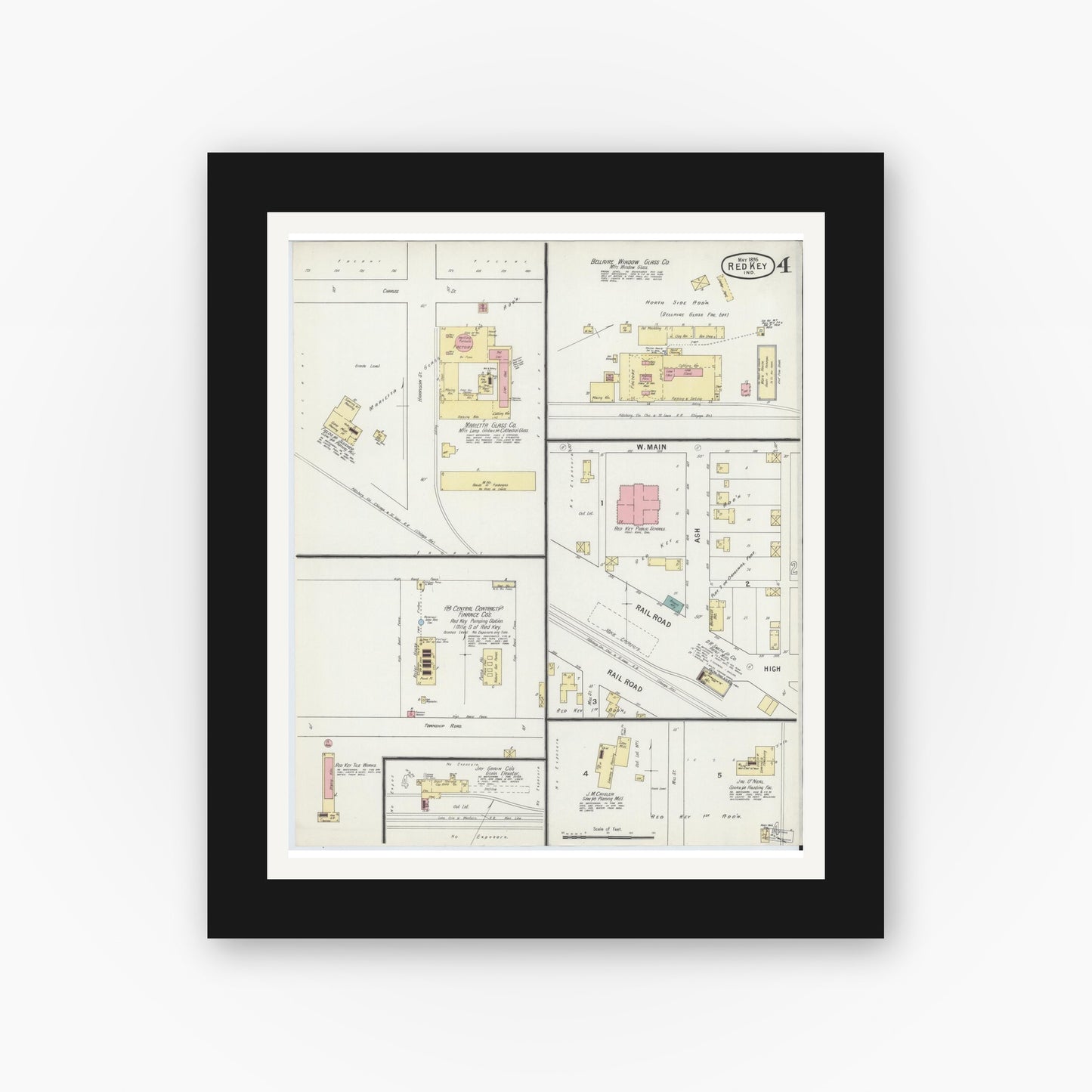 Old map wall art mockup — black gallery frame with white mat — Sanborn Fire Insurance Map from Redkey, Jay County, Indiana (1895), Sheet #0004