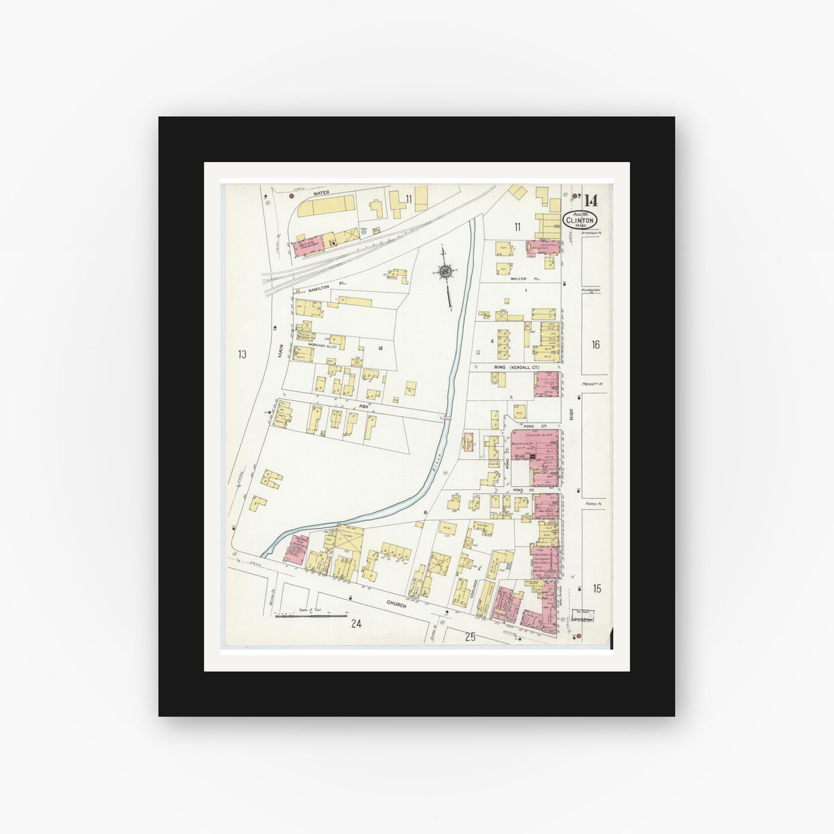 Old map wall art mockup — black gallery frame with white mat — Sanborn Fire Insurance Map from Clinton, Worcester County, Massachusetts (1911), Sheet #0014