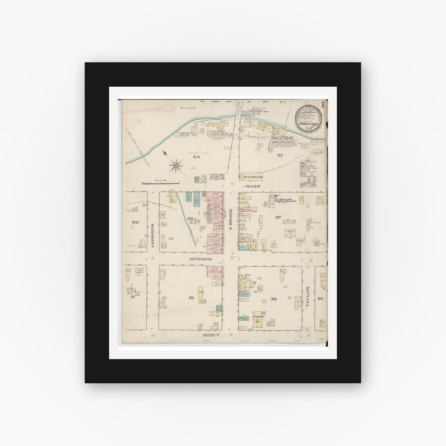 Old map wall art mockup — black gallery frame with white mat — Sanborn Fire Insurance Map from Grand Ledge, Eaton County, Michigan (1886) - Complete Map Set