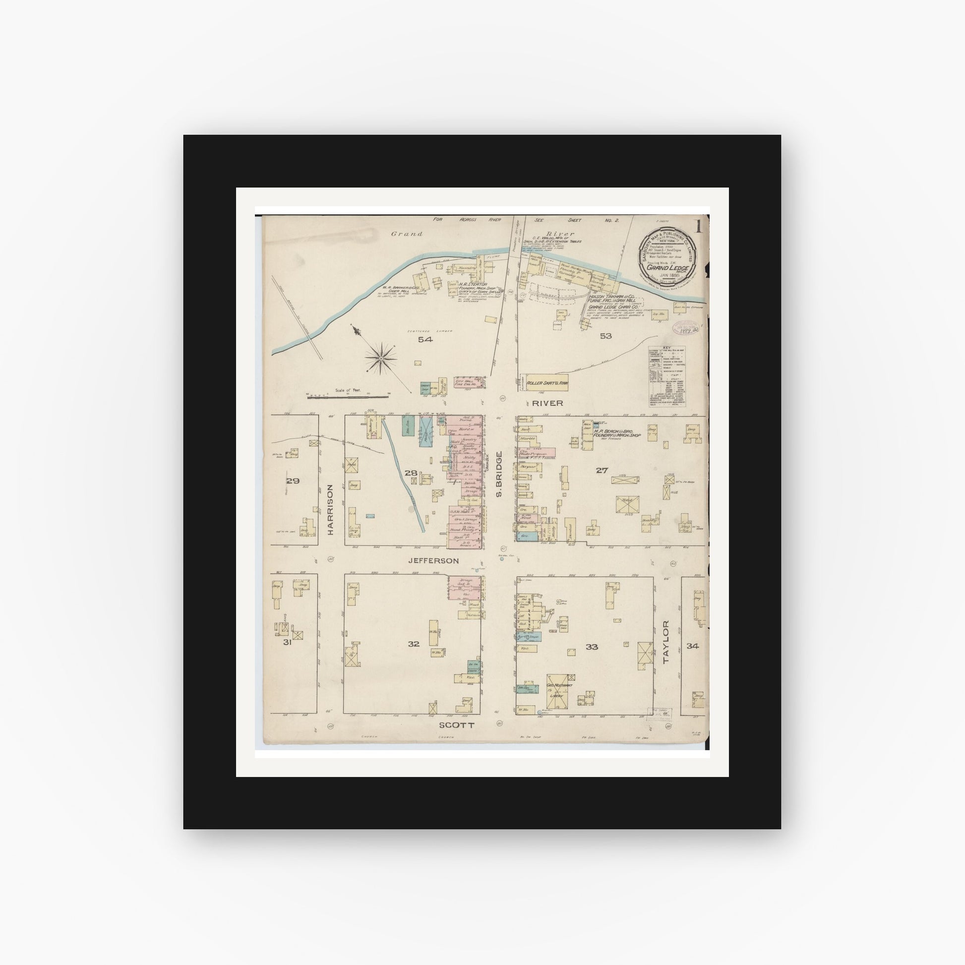 Old map wall art mockup — black gallery frame with white mat — Sanborn Fire Insurance Map from Grand Ledge, Eaton County, Michigan (1886) - Complete Map Set
