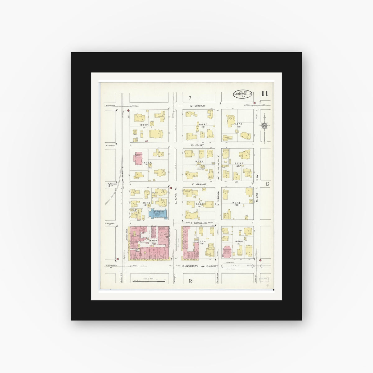 Old map wall art mockup — black gallery frame with white mat — Sanborn Fire Insurance Map from Gainesville, Alachua County, Florida (1913), Sheet #0011