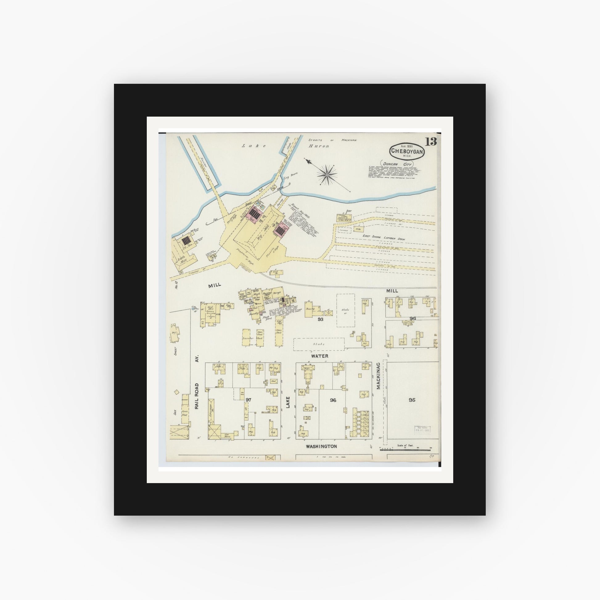 Old map wall art mockup — black gallery frame with white mat — Sanborn Fire Insurance Map from Cheboygan, Cheboygan County, Michigan (1890), Sheet #0013